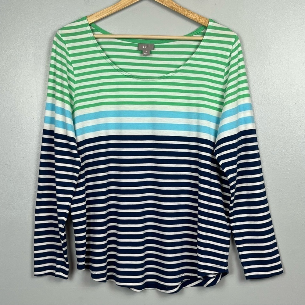 J.Jill Pima cotton modal green & blue striped long sleeve tee, medium.